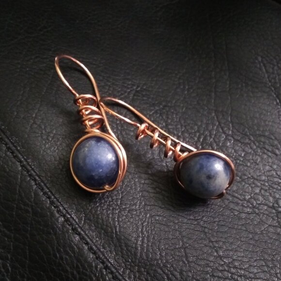 Copper Wrapped Blue Sodalite Dangle Earrings ~ Made for Jeans & Everyday Magic - Picture 5 of 13